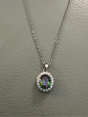 Mystic Topaz Simulated Zirconia Oval Halo Pendant Necklace - Silvertone Metal
